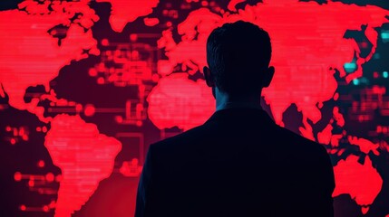 A silhouette of a person stands before a glowing red digital world map, conveying a sense of surveillance and global connectivity.