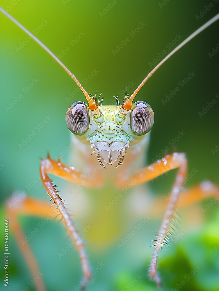 Poster Macro of Vibrant Mantis Face with Intricate Details and Green Background : Generative AI