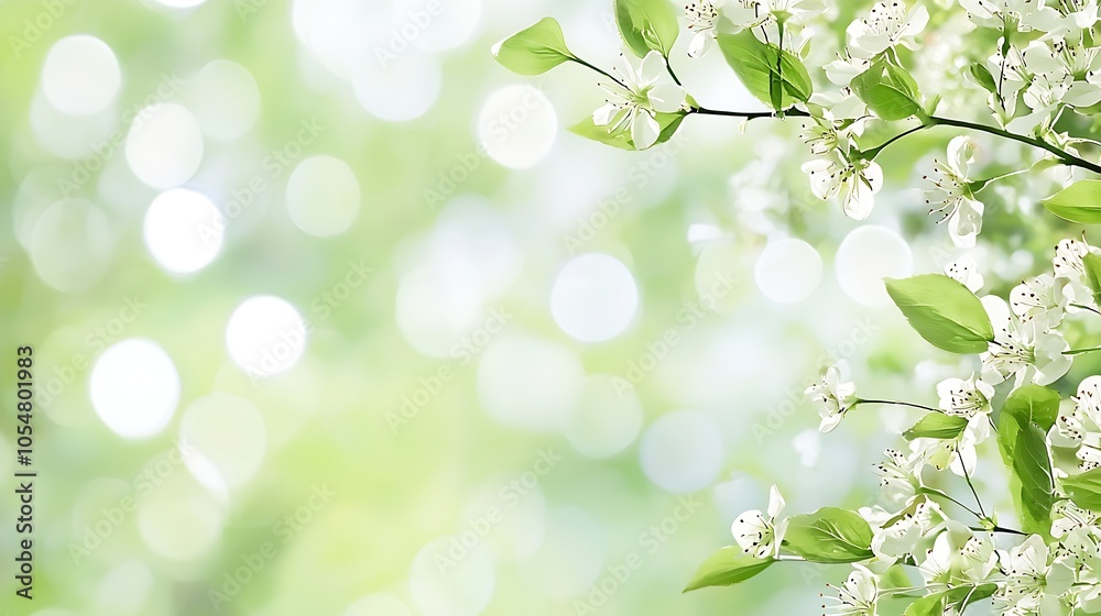 Poster delicate white blossoms with vibrant green leaves on a soft focus bokeh background : generative ai