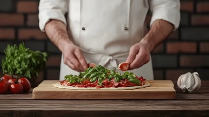 A chef prepares a pizza by adding fresh toppings on a wooden board, with garlic and fresh vegetables visible in the background.