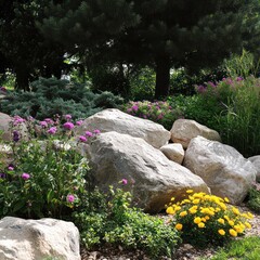 Garden with decorative boulders and stones