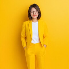 A confident woman in a yellow suit against a matching background.