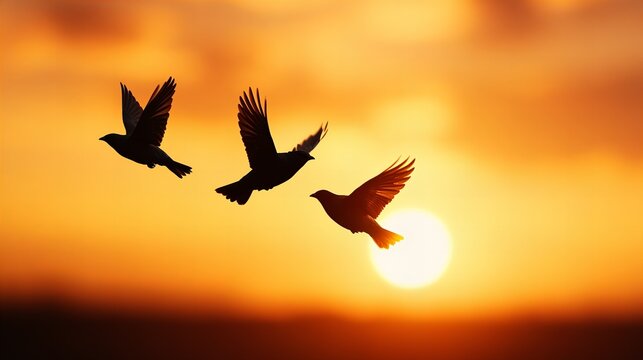 Silhouettes of three birds flying in front of a vibrant orange sunset.