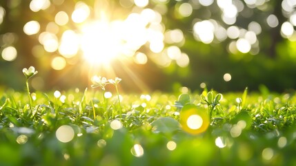Obraz premium Sunlight Streaming Through Green Grass and Bokeh Background Nature Scene : Generative AI