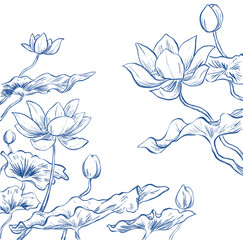 Fototapeta premium oriental chinese japanese inking lotus flower sketch frame and border illustration