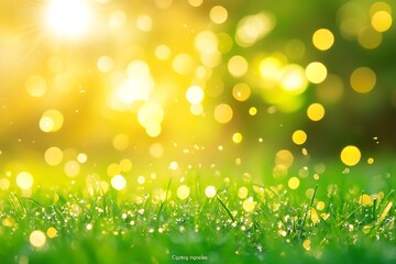 Obraz premium Vibrant Morning Sunburst Over Dewy Grass with Golden Bokeh Background for Refreshing Start : Generative AI