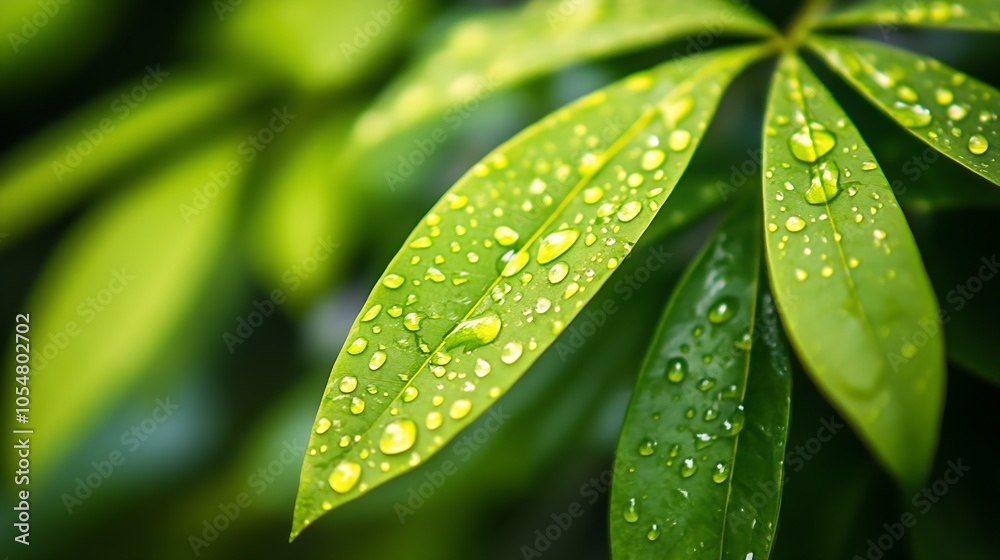 Poster Close Up of Green Leaves with Dew Drops Illuminated by Sunlight in a Luminous Nature Setting : Generative AI