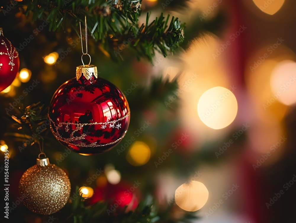 Poster traditional red and gold christmas baubles on tree with soft bokeh lights : generative ai