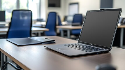 Modern Office Classroom with Laptops and Chairs Ready for Training Session : Generative AI