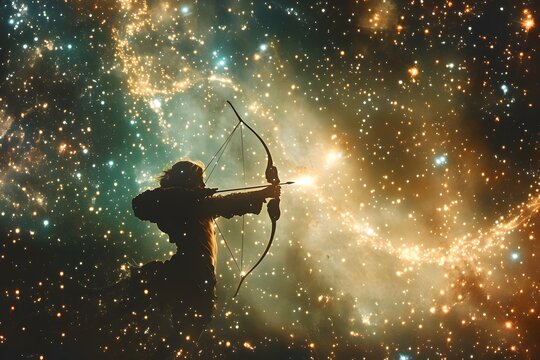 A centaur archer pulls back a glowing arrow on a pathway of stardust stretching across a cosmic void