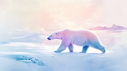Dreamy pastel-colored watercolor polar bear walking through a soft snow-covered landscape