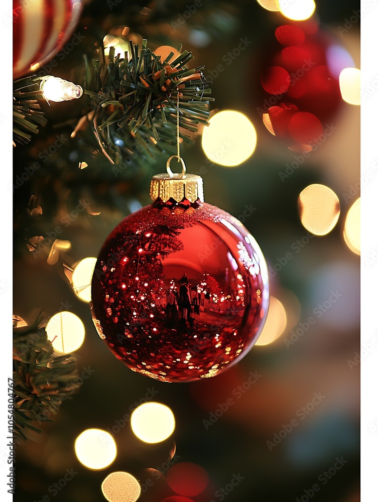 Poster closeup of red christmas bauble hanging on tree with festive holiday lights in background : generati