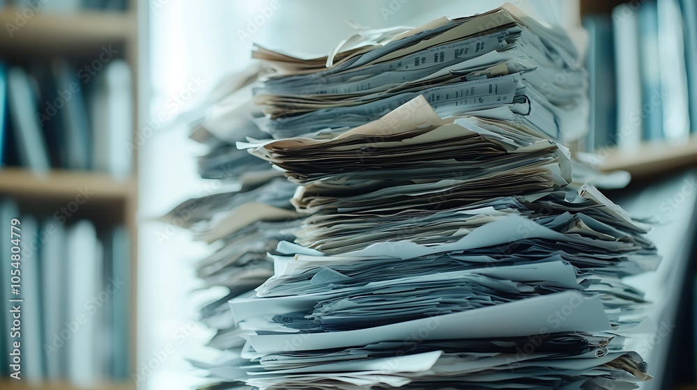 Poster stack of old papers in a home office full of books and files : generative ai