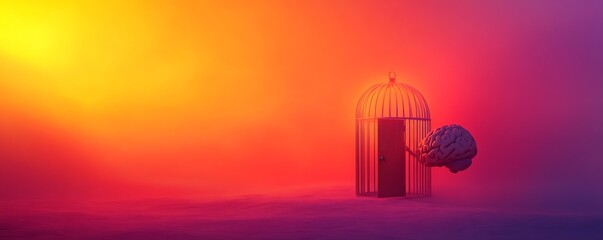 Birdcage with an open door in foggy sunset.