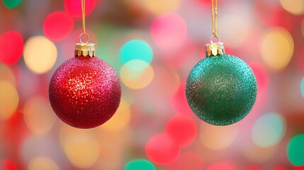 Fototapeta premium Festive Christmas Ornaments against a Colorful Blurred Background with Red and Green Baubles : Generative AI
