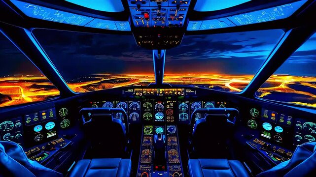 Pilot's Perspective on a High-Tech Dashboard with Neon Displays and Sunset Views
