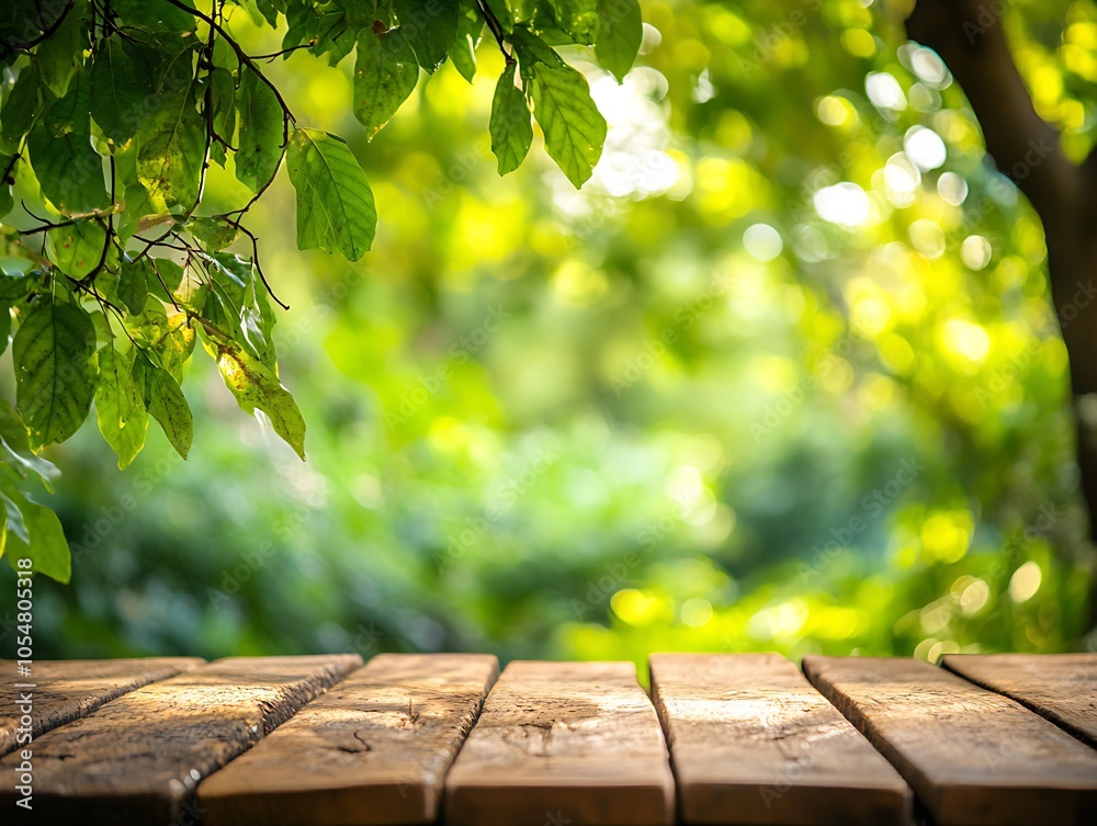 Poster Wooden Table in Lush Green Forest Setting with Sunrays through Tree Leaves Above : Generative AI