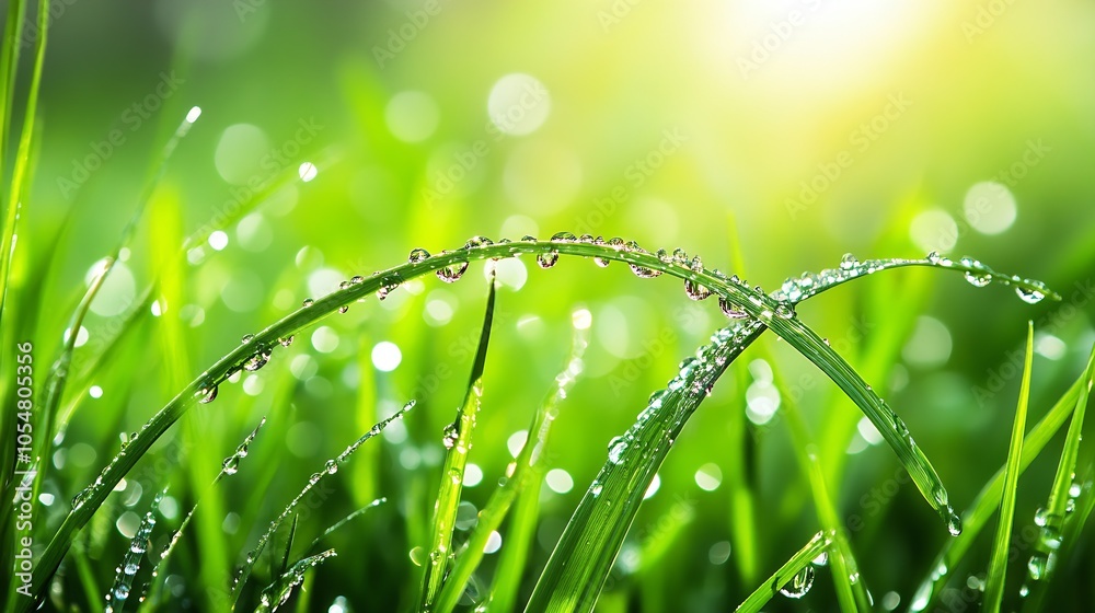 Poster vibrant dew covered grass at sunrise with bokeh highlights : generative ai