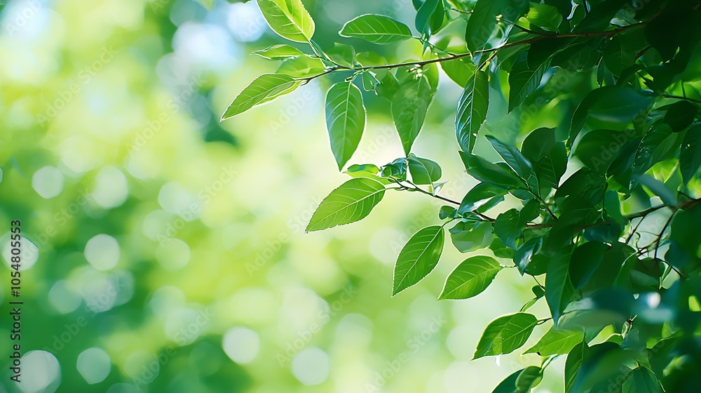Aufkleber Bright green leaves in natural sunlight creating a serene bokeh background for nature enthusiasts : Generative AI