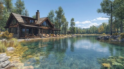 Obraz premium Tranquil lakeside cabin surrounded by trees and clear water.