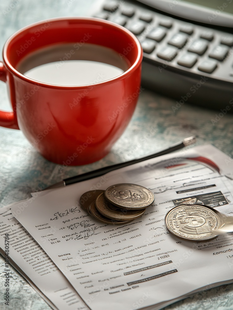 Poster office desk with coffee and calculator for workplace productivity and finance management : generativ