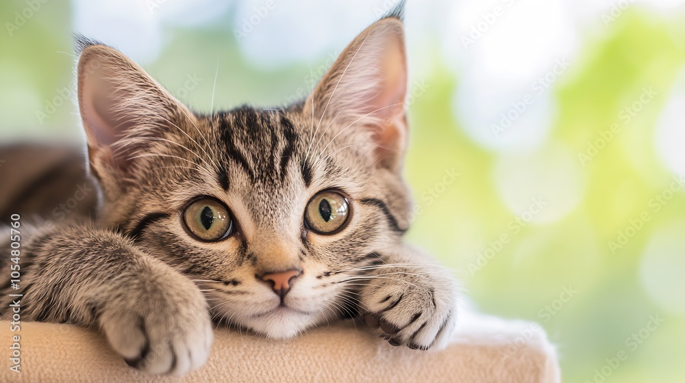 Poster brighteyed kitten relaxed on soft beige cushion with blurred green background : generative ai