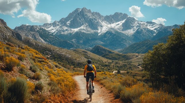 Young man cycling through scenic mountains with vibrant flowers under a clear blue sky