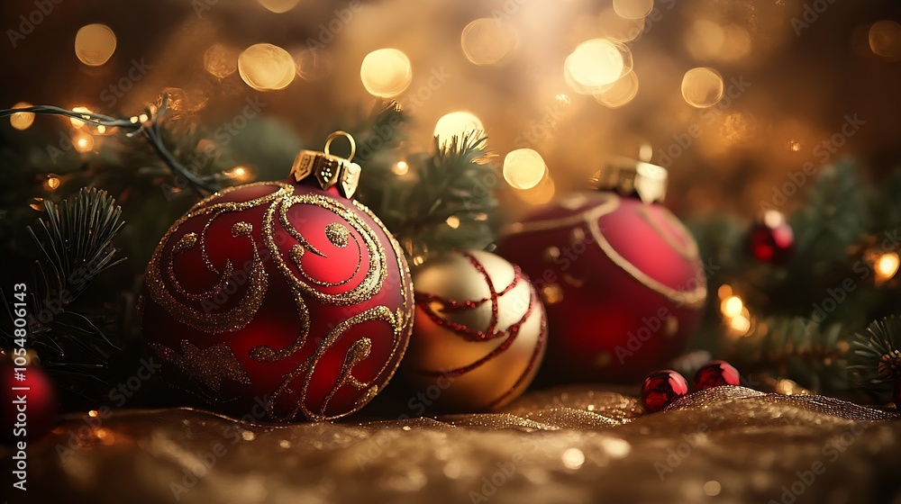 Poster beautifully decorated christmas tree branches with red and gold ornaments and sparkling lights : gen