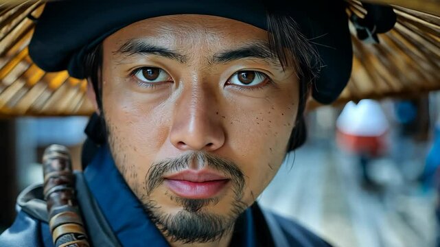 close up  Chinese swordman wearing bamboo craft hat with serious expression