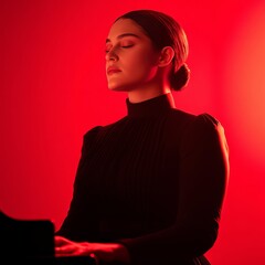 A woman playing piano in dramatic red lighting, evoking emotion and artistry.