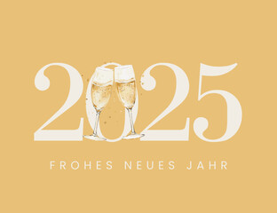 2025 Frohes neues Jahr - Gold Weißer Schriftzug in deutscher Sprache, Aquarell Illustrierte Silvester Karte