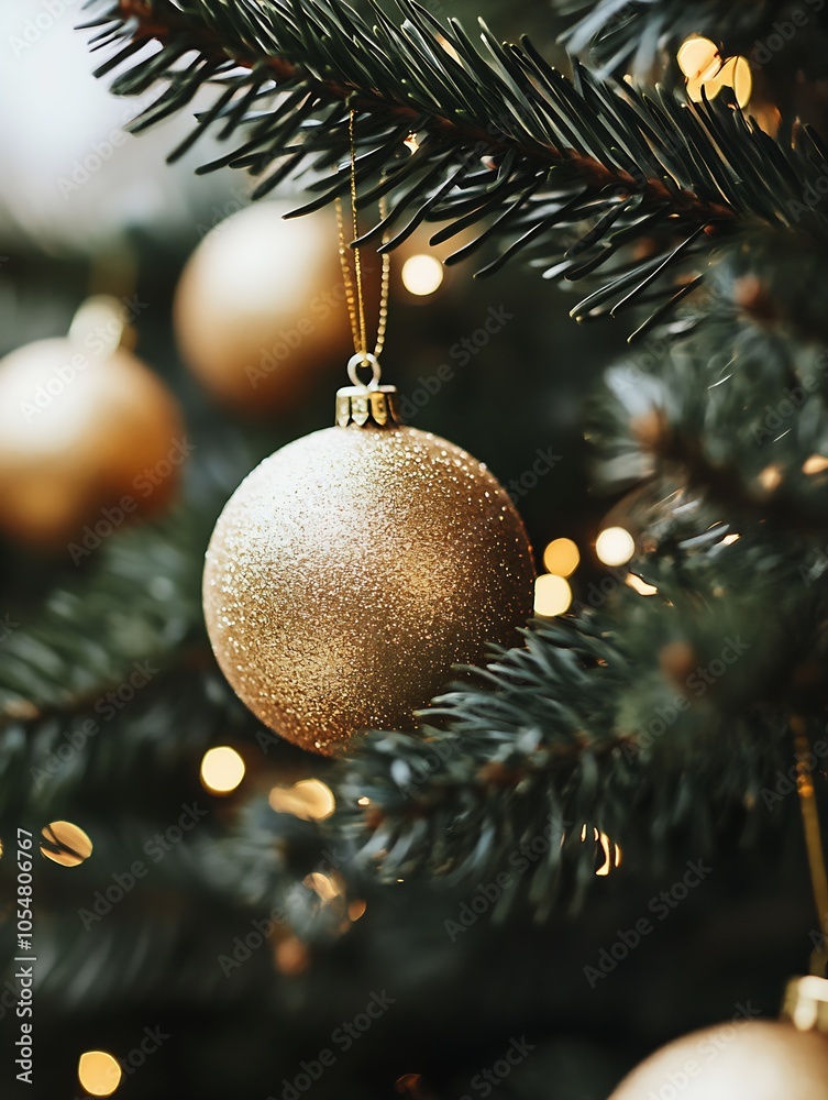 Poster closeup of golden bauble hanging on a christmas tree with sparkling lights : generative ai
