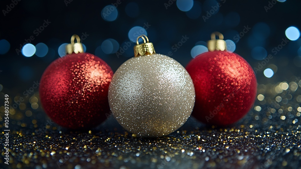 Aufkleber Three Sparkling Christmas Ornaments in Red and Gold with Shimmery Bokeh Backdrop : Generative AI