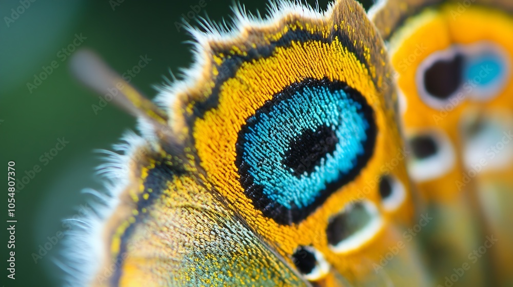 Poster colorful peacock feather detailed closeup showing vivid eye pattern with blurred green background : 
