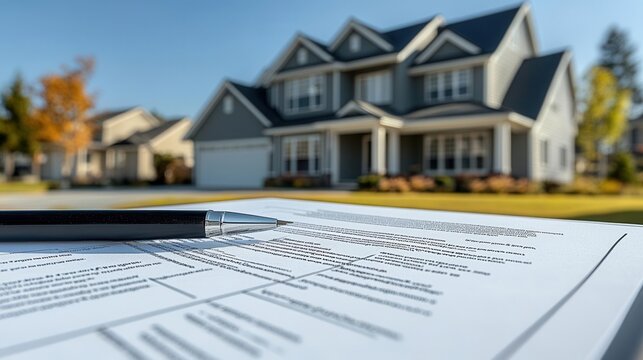 Closeup of negotiation over real estate contract, suburban home in the background, crisp daylight, ultrarealistic wideangle shot capturing detailed contract and property