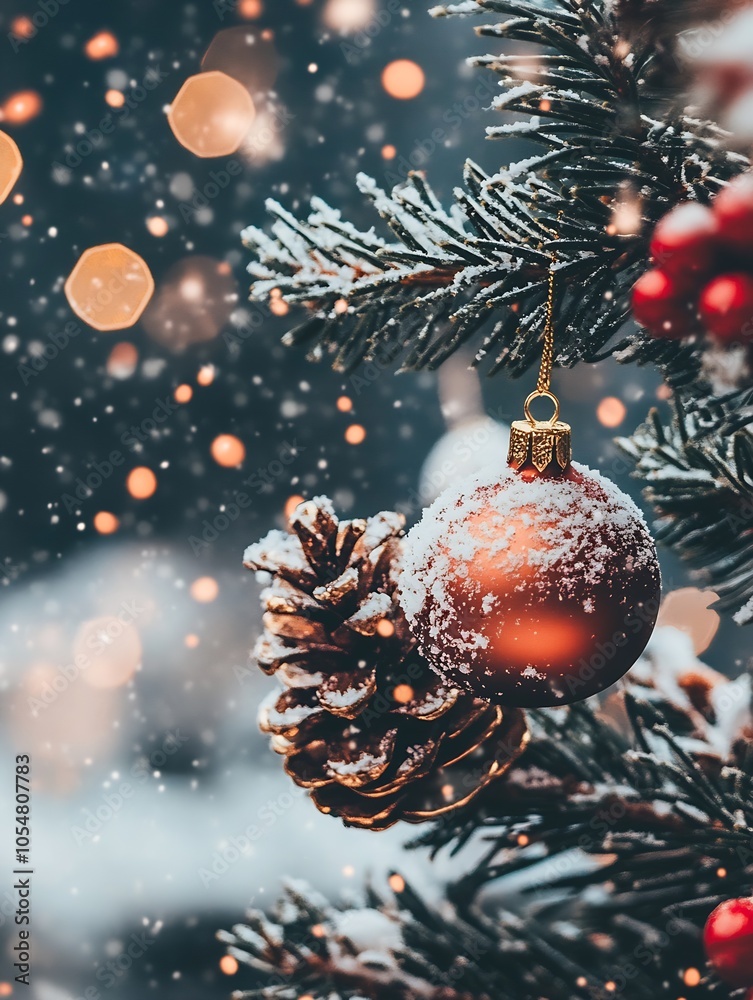 Aufkleber festive christmas tree branch with red ornament and snowy pinecones in winter wonderland : generativ