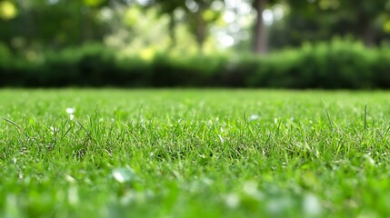 Naklejka premium Expansive Green Grass Lawn in Sunlit Garden Invoking Tranquil Outdoor Relaxation : Generative AI