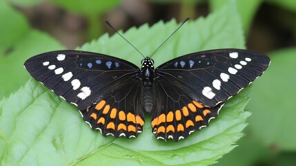 Vibrant Black and Orange Butterfly Resting on Green Leaf Close Up : Generative AI