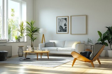 Scandinavian Inspired Living Room with Wooden Accents and Green Plants : Generative AI