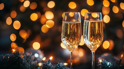 Festive Celebration with Two Champagne Glasses and Holiday Lights in Background : Generative AI