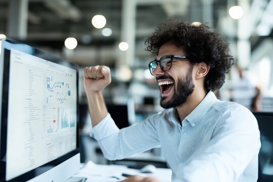 A joyful man with glasses and curly hair cheers in front of a computer screen displaying graphs and data, celebrating a remarkable achievement at work.