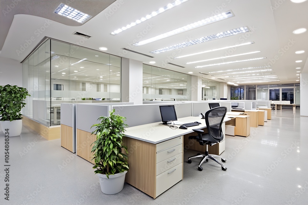 Aufkleber Spacious Modern Office with Glass Partitions and Bright Open Layout : Generative AI
