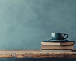 A cozy scene with books and a coffee cup on a wooden shelf, against a textured background.