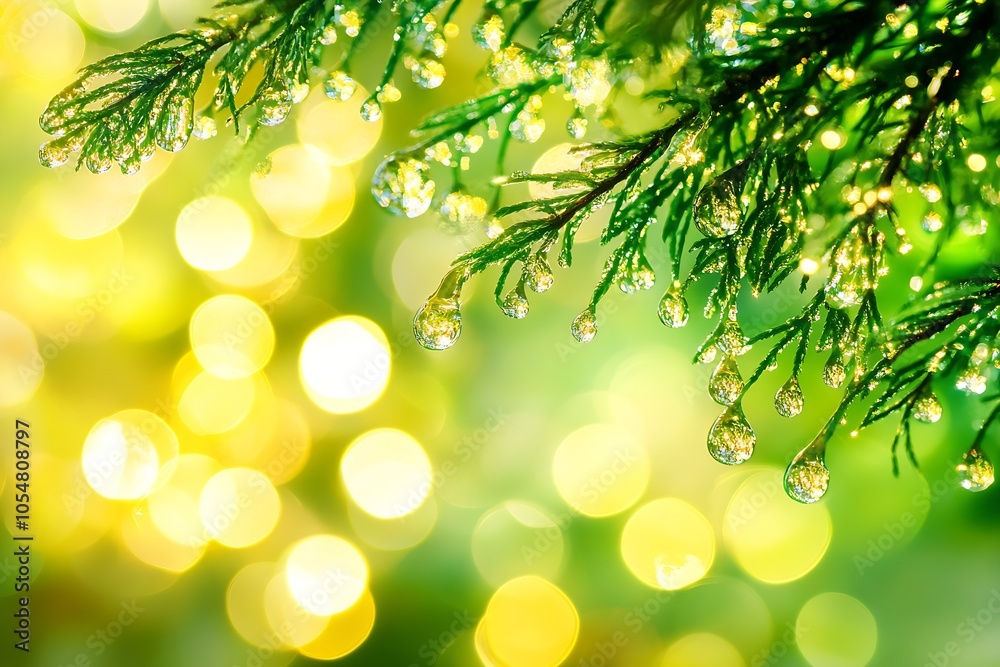 Poster closeup of dew covered pine branch with sparkling yellow bokeh for nature photography : generative a