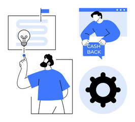 Multiple elements include a man pointing at a lightbulb representing ideas, another man with a cashback message on a computer, and a cog symbol. Ideal for ideas generating, finance, teamwork
