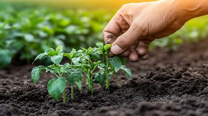 Hand Planting Small Seedlings in Fertile Soil for Sustainable Farming : Generative AI