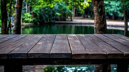 Fototapeta premium Wooden Table in Tranquil Forest Park by Lake with Dense Trees : Generative AI