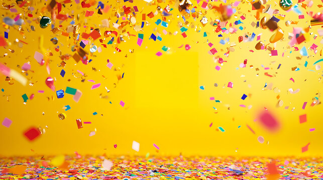 Colorful confetti falling against bright yellow background creates festive atmosphere