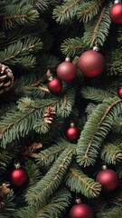Christmas tree decorations red baubles, fur, and cedar, fir