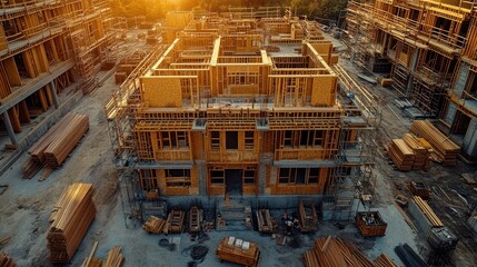 Fototapeta premium Construction site with wooden structures and scaffolding at sunset.